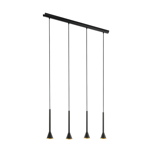 Cortaderas pendel i metal Sort og Guld, 4x5W LED GU10, længde 113 cm, bredde 8,5 cm, højde 150 cm. 